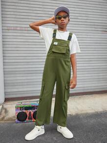 SHEIN Niño preadolescente 1 pieza mono overol con diseño de bolsillo con solapa - Verde militar - Ver 6