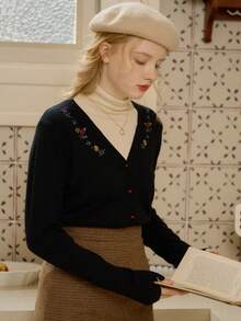Simple Retro 粘膠平繡v領針織開衫 - 黑色 - 查看 7