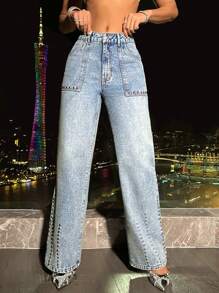 SHEIN BAE Đinh tán Chi tiết Denim mùa giặt Denim Quần jean - Màu xanh lam - Xem 5