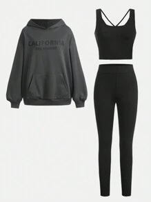SHEIN Girlism 青少年女孩 1 件標語圖案連帽衫和 1 件打底褲和 1 件交叉後背吊帶背心上衣