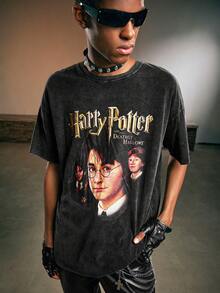 ROMWE MEN Harry Potter | ROMWE Men Movie Character Lettering Printed Short-Sleeved T-Shirt - Black - View 4