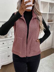 SHEIN LUNE Dây kéo mặt trước Len Lông cừu Áo vest - Hồng - Xem 5