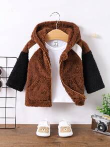 Baby Cool Plush Patchwork Hooded Jacket - Coffee Brown - View 5