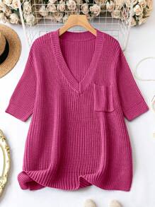 SHEIN LUNE Plus Size Women's Short Sleeve Knitted Top With Pocket - Hot Pink - View 1