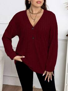 Elenzga Plus Size V-Neck Long Sleeve T-Shirt, For Thanksgiving Fall Cloth For Women - Burgundy - View 4
