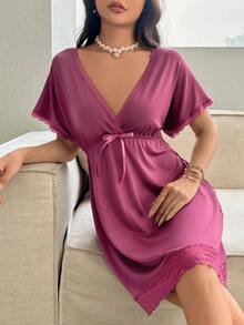 Women's Spliced Lace Bowknot Detail Sleepwear Dress - Red Violet - View 5