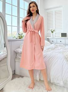 Của phụ nữ Khối màu Cổ bẻ Áo choàng tắm - Hồng - Xem 3