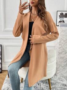 SHEIN LUNE 女式大翻領露肩落肩大衣 - 卡其色 - 查看 5