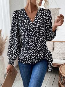 SHEIN Clasi All-over Printed Lantern Sleeve Tie-front Shirt - Black and White - View 4