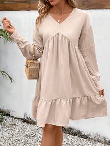 SHEIN VCAY Women's V-neck Ruffle Hemline Dress - Apricot - View 4