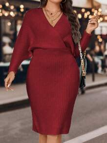 Calvaya Plus Surplice Neck Batwing Sleeve Sweater Dress - Red - View 5