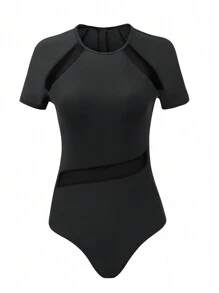 SHEIN Swim Summer Beach Women's Short Sleeve Mesh Splicing One-Piece Swimsuit - Black - View 5
