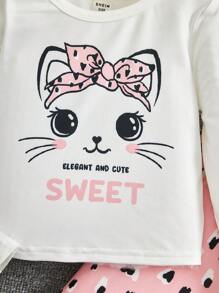 SHEIN Young Girl Cartoon & Letter Graphic Tee & Pants Snug Fit PJ Set - Pink - View 5