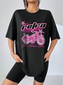 SHEIN EZwear Motorcycle & Letter Graphic Drop Shoulder Tee & Biker Shorts - Black - View 4