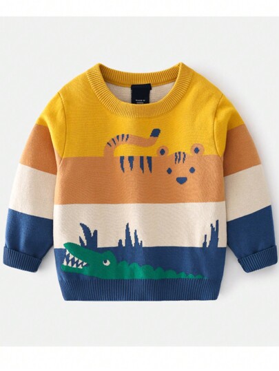 Suéter tejido informal con bloque de color y patrón de animales de dibujos animados para niños pequeños, otoño/invierno