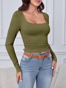 SHEIN Tall 女式方領緊身t卹 - 橄欖綠 - 查看 4