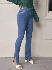 SHEIN LUNE Women's Tight-fitting Jeans With Split Hem