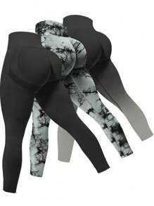 Easithlete 女裝水洗染3入無縫緊身瑜伽褲套裝,健身緊身褲 - 彩色 - 查看 2