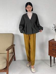 FRIFUL Chất rắn Nút phía trước áo - Xám - Xem 6