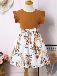 SHEIN Hàng mới đến Bé gái Dệt kim Áo In hoa Ánh sáng Và Thoáng khí Đầm Chất liệu Với thắt lưng , Mùa hè - Nhiều màu - Xem 3