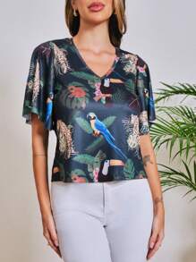 SHEIN 女性熱帶植物葉子印花短袖襯衫 - 綠色 - 查看 5