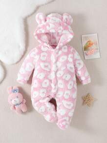 SHEIN 嬰兒女孩豹紋圖案3d耳朵設計連帽絨毛睡衣連體衣 - 粉色 - 查看 1