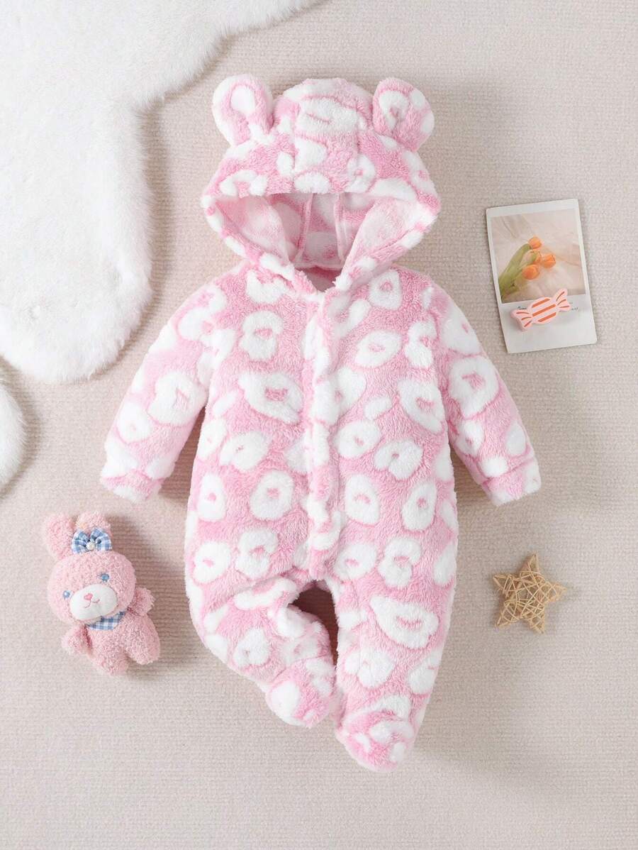 SHEIN 嬰兒女孩豹紋圖案3d耳朵設計連帽絨毛睡衣連體衣 - 粉色 - 查看 1