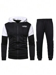 Manfinity Homme 男士字母印花雙色拉鍊連帽運動衫和運動褲套裝 - 黑色 - 查看 3