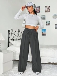 SHEIN EZwear 大尺寸女性休閒運動長褲,束腰寬腿款式 - 深灰色 - 查看 4