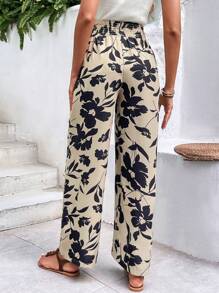 SHEIN VCAY 女士高腰寬鬆全印花褲子 - 黑色 - 查看 2