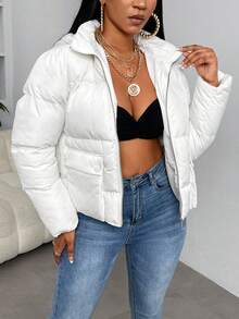 Slaydiva Zipper Front Padded Coat With Flap Pockets - White - View 5