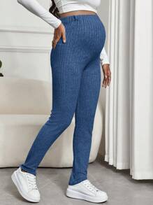 SHEIN 孕婦可調式腰帶羅紋緊身褲 - 藍色 - 查看 6