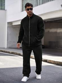 Manfinity Homme Conjunto de chaqueta con cremallera y pantalones de unicolor para hombre de talla grande, ropa de otoño