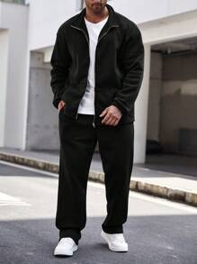 Manfinity Homme Conjunto de chaqueta con cremallera y pantalones de unicolor para hombre de talla grande, ropa de otoño