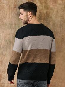 SHEIN Cottnline Men's Color Block Diamond Check Knitted Sweater - Khaki - View 2