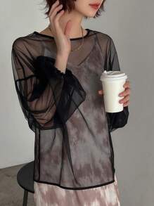 FRIFUL 女士灯笼袖透视T恤透明上衣长袖上衣 - 黑色 - 查看 5