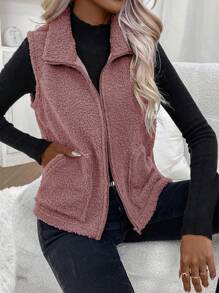 SHEIN LUNE Dây kéo mặt trước Len Lông cừu Áo vest - Hồng - Xem 1