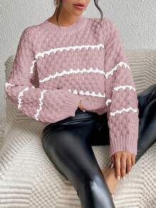 SHEIN Essnce Round Neck Striped Drop Shoulder Sweater Pullover - Dusty Pink - View 3