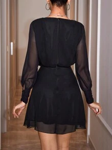 SHEIN Cottnline Draped Neck Long Sleeve Dress - Black - View 2