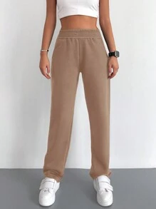 RueChic Solid Elastic Waist Sweatpants - Mocha Brown - View 1