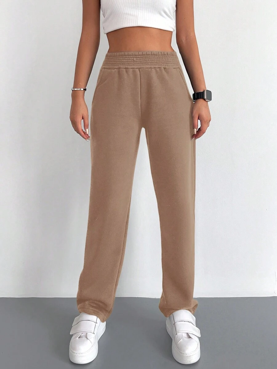 RueChic Solid Elastic Waist Sweatpants - Mocha Brown - View 1
