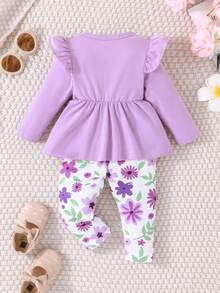 Baby Girls' Spring & Autumn Long Sleeve Ruffle Detail Top With Bow And Flower Printed Pants - Purple - View 2