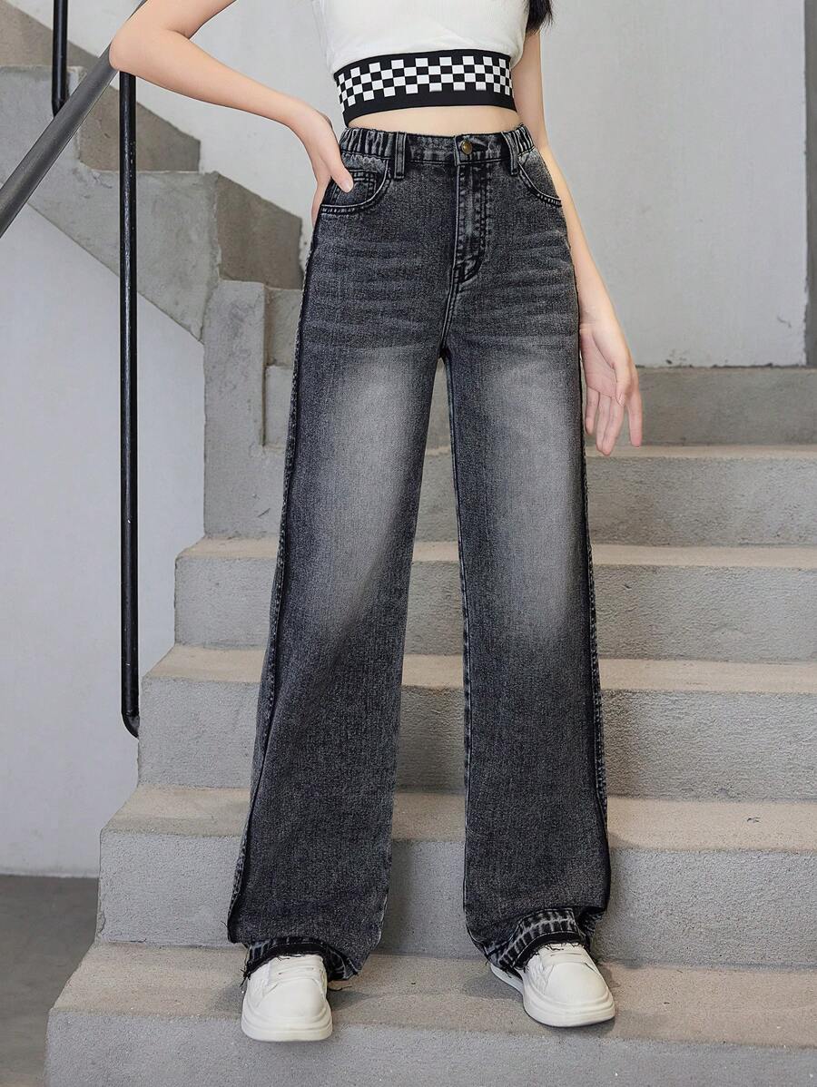 Tween Girls' Leisure Fashionable Vintage Frayed Straight Washing Jeans - Black - View 1