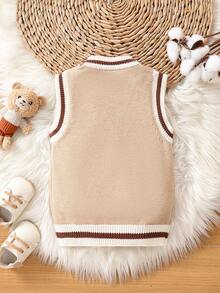 男童条纹拼布装饰边纽扣背心开衫 - 卡其色 - 查看 2