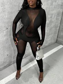 Slaydiva Mesh Insert Unitard Jumpsuit - Black - View 7