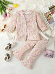 3pcs/Set Baby Girls' Elegant & Chic Gradient Knit Outfit For Autumn/Winter - Pink - View 3