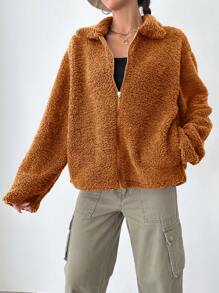 RueChic Kvinnors Regenbunden Passform Teddy Fleece Nedhasade aclar Jackor - Brun - Visa 3