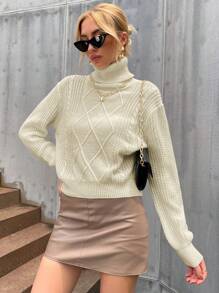 SHEIN Privé 纯色高领落肩针织套头衫秋冬毛衣 - 杏色 - 查看 3