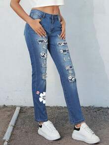 女性淺藍色花朵圖案牛仔褲 - 藍色 - 查看 3