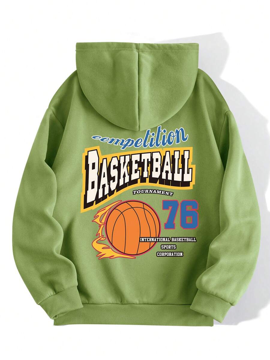 SHEIN EZwear 籃球設計連帽衫 - 青檸色 - 查看 1